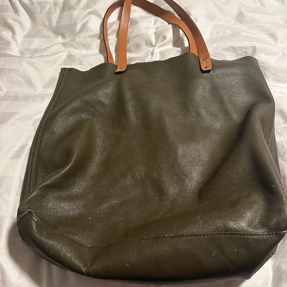 Olive Green Leather Tote Bag with Tan Handles